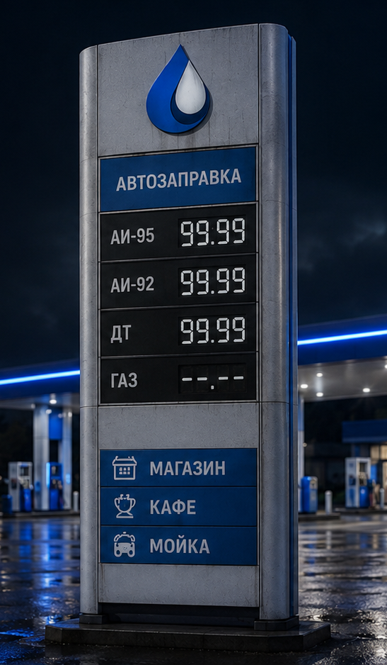 Старое сегментное табло на стеле АЗС — 99.99